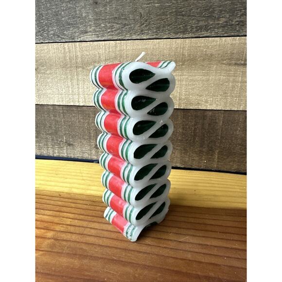 Ribbon Candle Christmas Holiday Red Green White 6.25” Tall Vintage - Picture 1 of 6